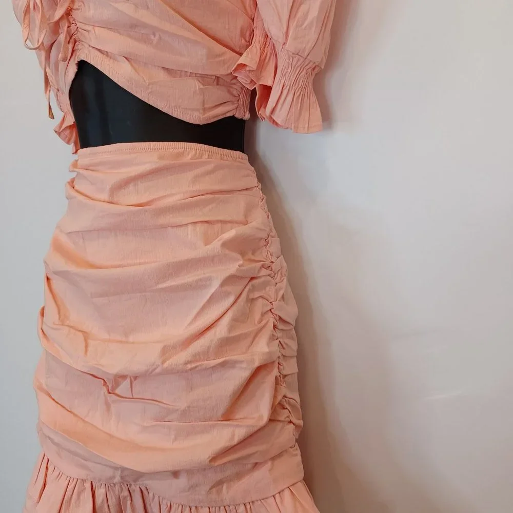 Privy WMN'S Sz L Ruched Smock 2 Piece Skirt Set Crop Puff Sleeve Ruffle Stretch - Picture 8 of 12